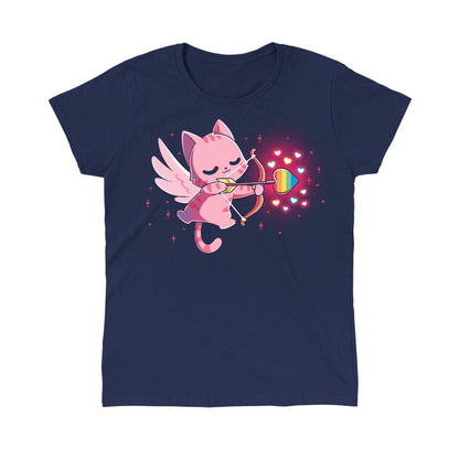 Classic Cotton T-shirt_TeeTurtle navy blue LGBTQ-pid Kitty. Featuring a pink Cupid cat shooting an arrow with a rainbow heart at the tip.