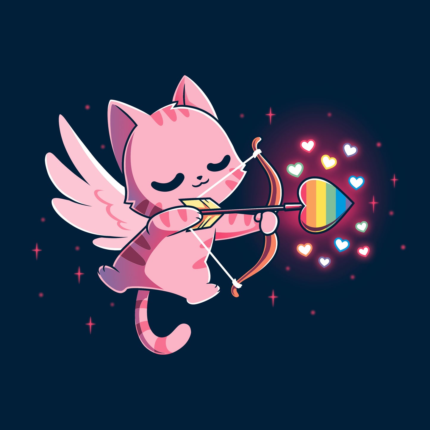 Classic Cotton T-shirt_TeeTurtle navy blue LGBTQ-pid Kitty. Featuring a pink Cupid cat shooting an arrow with a rainbow heart at the tip.