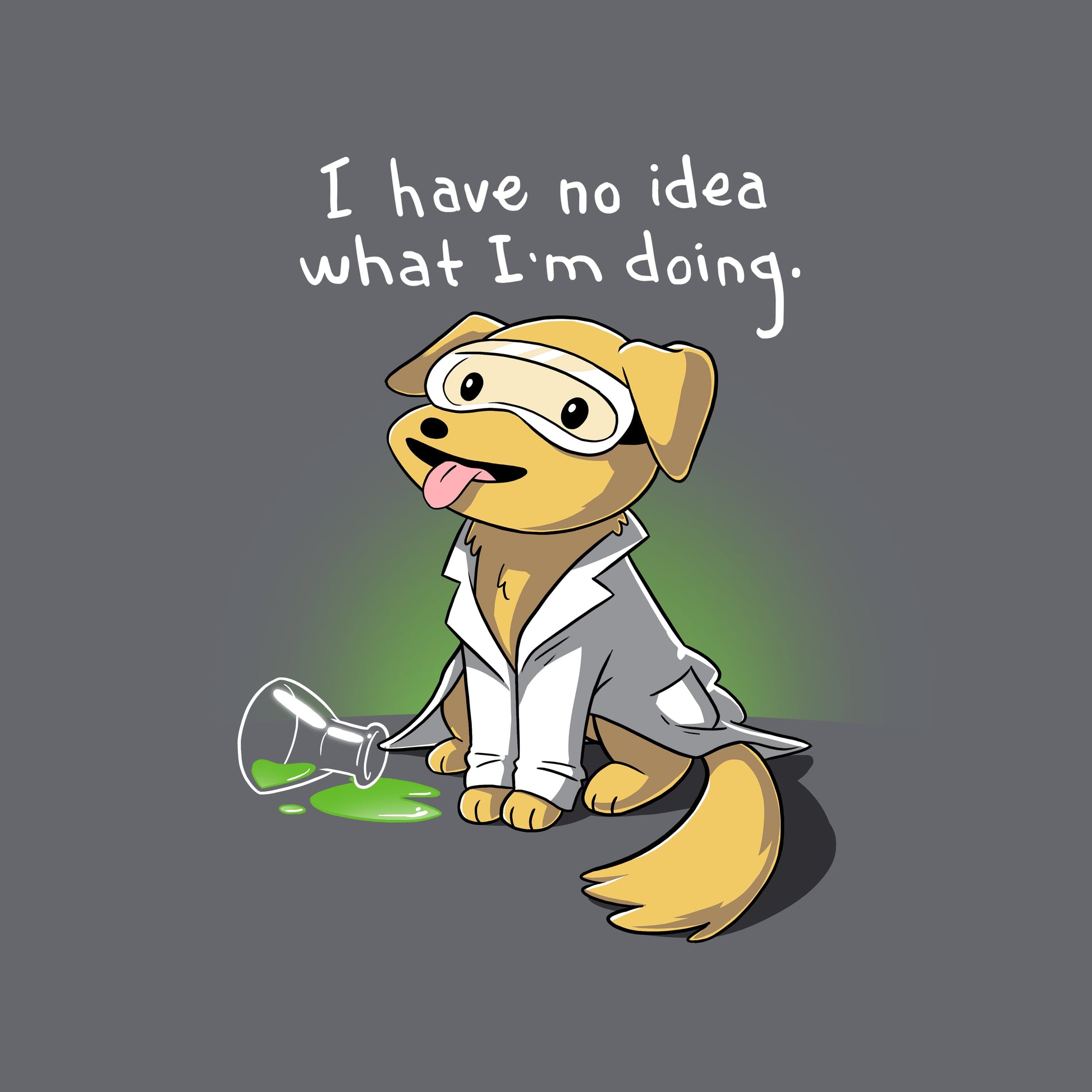 Classic Cotton T-shirt_TeeTurtle charcoal gray Lab Experiment. Featuring a golden labrador retriever in a lab coat and safety glasses who has no idea what it's doing.