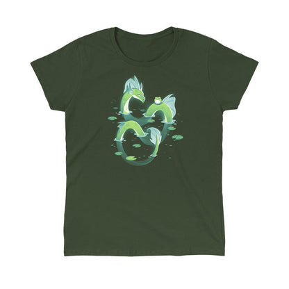 Classic Cotton T-shirt_TeeTurtle Lagoon Dragon forest green t-shirt featuring an artistic dragon in water with a frog on him.