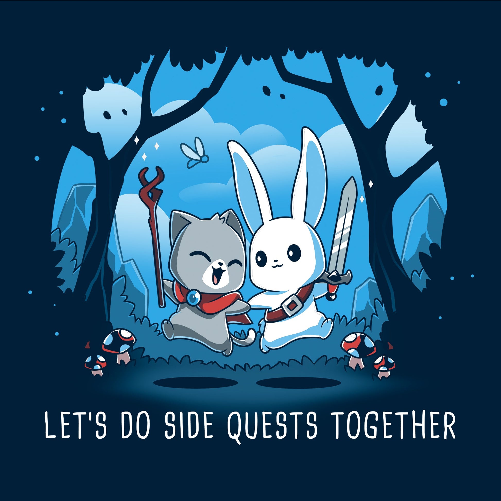 Long Sleeve T-shirt_TeeTurtle Let’s Do Side Quests Together navy blue t-shirt featuring a cat with a staff and a bunny with a sword surrounded by trees and mushrooms.