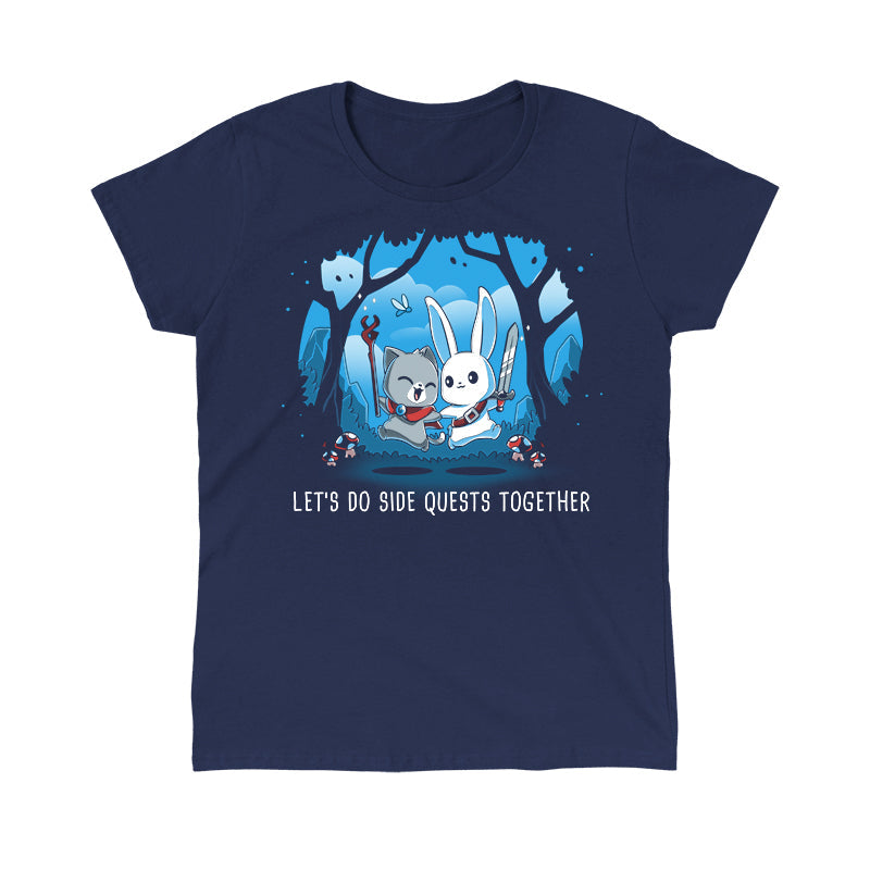 Classic Cotton T-shirt_TeeTurtle Let’s Do Side Quests Together navy blue t-shirt featuring a cat with a staff and a bunny with a sword surrounded by trees and mushrooms.