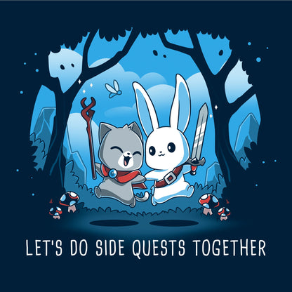 Crew Neck Sweatshirt_TeeTurtle Let’s Do Side Quests Together navy blue design featuring a cat with a staff and a bunny with a sword surrounded by trees and mushrooms.