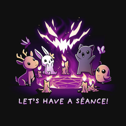 Classic Cotton T-shirt_TeeTurtle Let's Have a Séance! black t-shirt featuring an illustration of a deer, bunny, cat and owl having a séance on a pentagram surrounded by burning candles with "LET'S HAVE A SEANCE!" written underneath. A large, stylized, glowing, purple and white face hovers above the animals created by the flames.