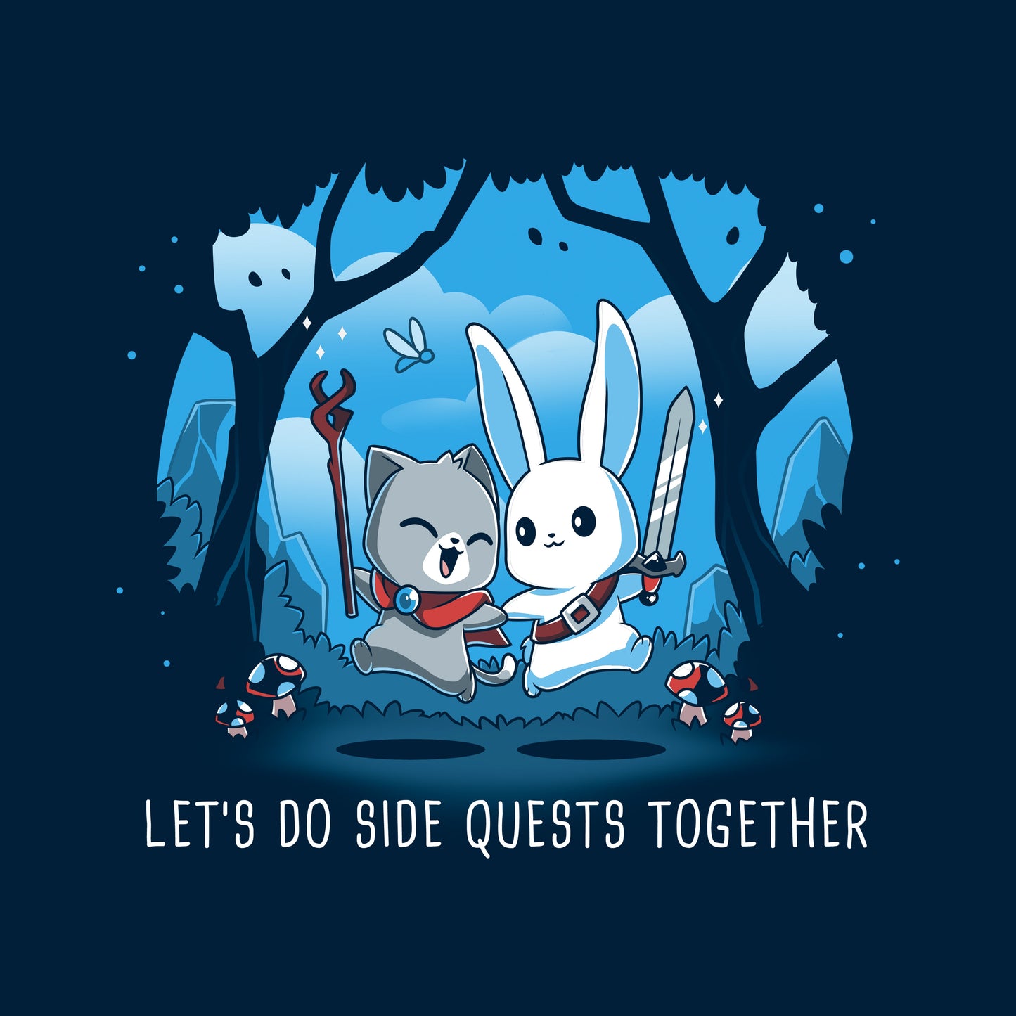 Classic Cotton T-shirt_TeeTurtle Let’s Do Side Quests Together navy blue t-shirt featuring a cat with a staff and a bunny with a sword surrounded by trees and mushrooms.