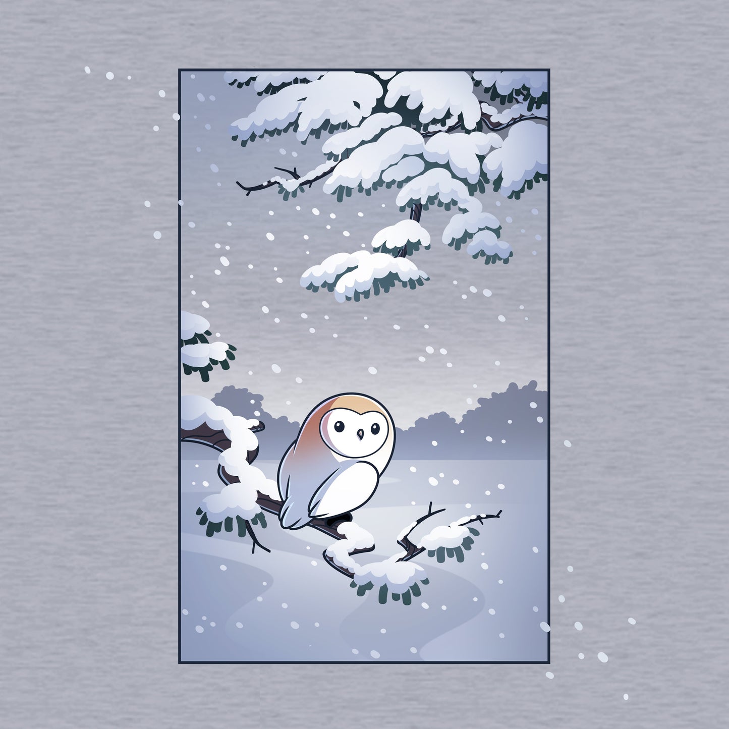 Pullover Hoodie_TeeTurtle heather gray Snowy Owl apparel featuring a barn owl perched on a snowy branch with snow falling in the background.