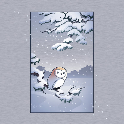 Pullover Hoodie_TeeTurtle heather gray Snowy Owl apparel featuring a barn owl perched on a snowy branch with snow falling in the background.