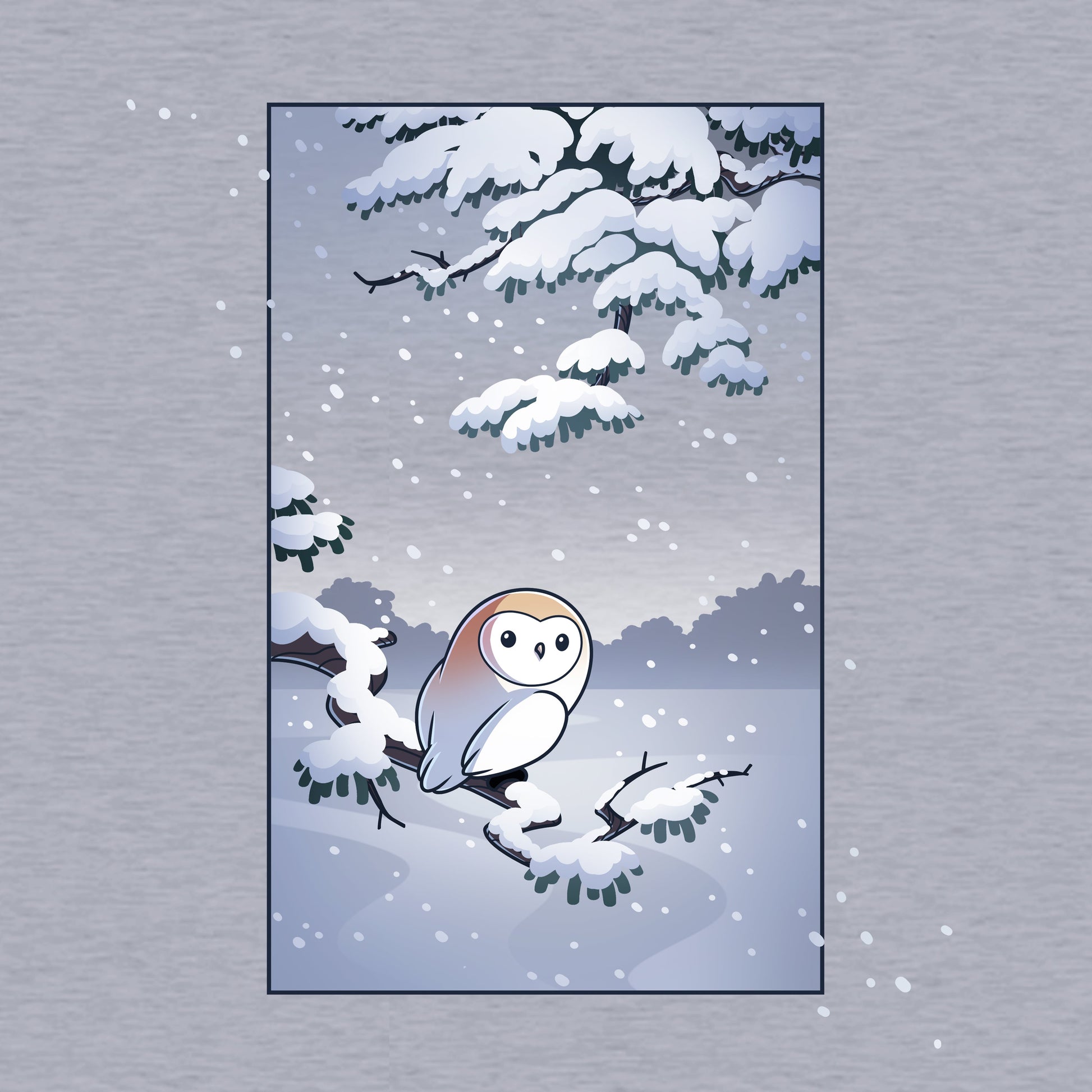 Classic Cotton T-shirt_TeeTurtle heather gray Snowy Owl apparel featuring a barn owl perched on a snowy branch with snow falling in the background.