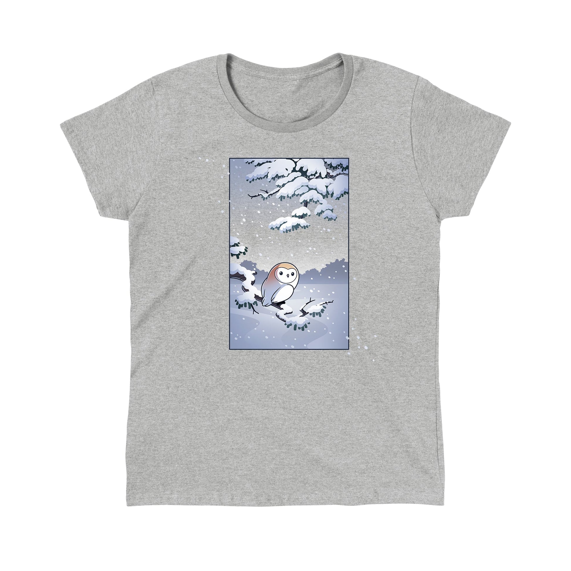 Classic Cotton T-shirt_TeeTurtle heather gray Snowy Owl apparel featuring a barn owl perched on a snowy branch with snow falling in the background.