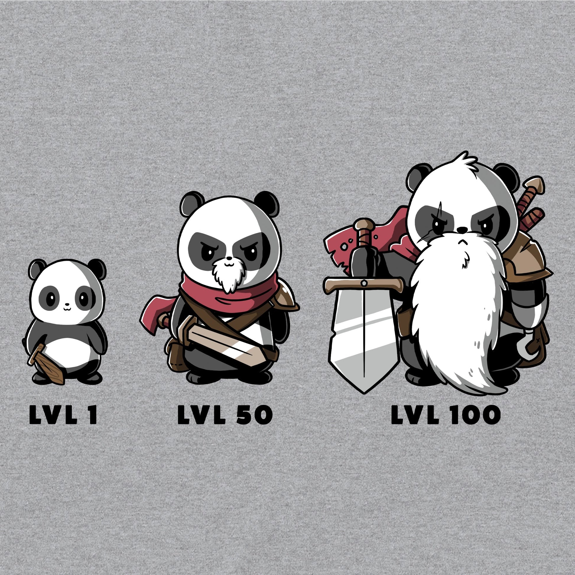 Pullover Hoodie_TeeTurtle heather gray Level Up. Featuring a panda at different levels and getting more armor as it levels up.