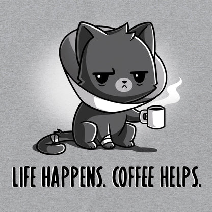 Classic Cotton T-shirt_TeeTurtle Life Happens. Coffee Helps. heather gray t-shirt featuring a cat with a medical cone holding a steaming mug. The text below reads, "Life happens. Coffee helps."