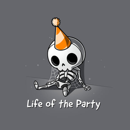 Classic Cotton T-shirt_TeeTurtle charcoal gray Life of the Party. Featuring a dusty skeleton wearing a party hat.