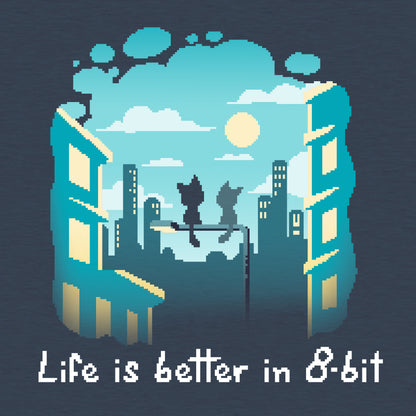 Classic Cotton T-shirt_TeeTurtle Life Is Better in 8-bit heather navy t-shirt featuring pixel art cityscape with two cats sitting on top of a lamppost under a partly cloudy sky. Text at the bottom reads "Life Is Better in 8-Bit." 