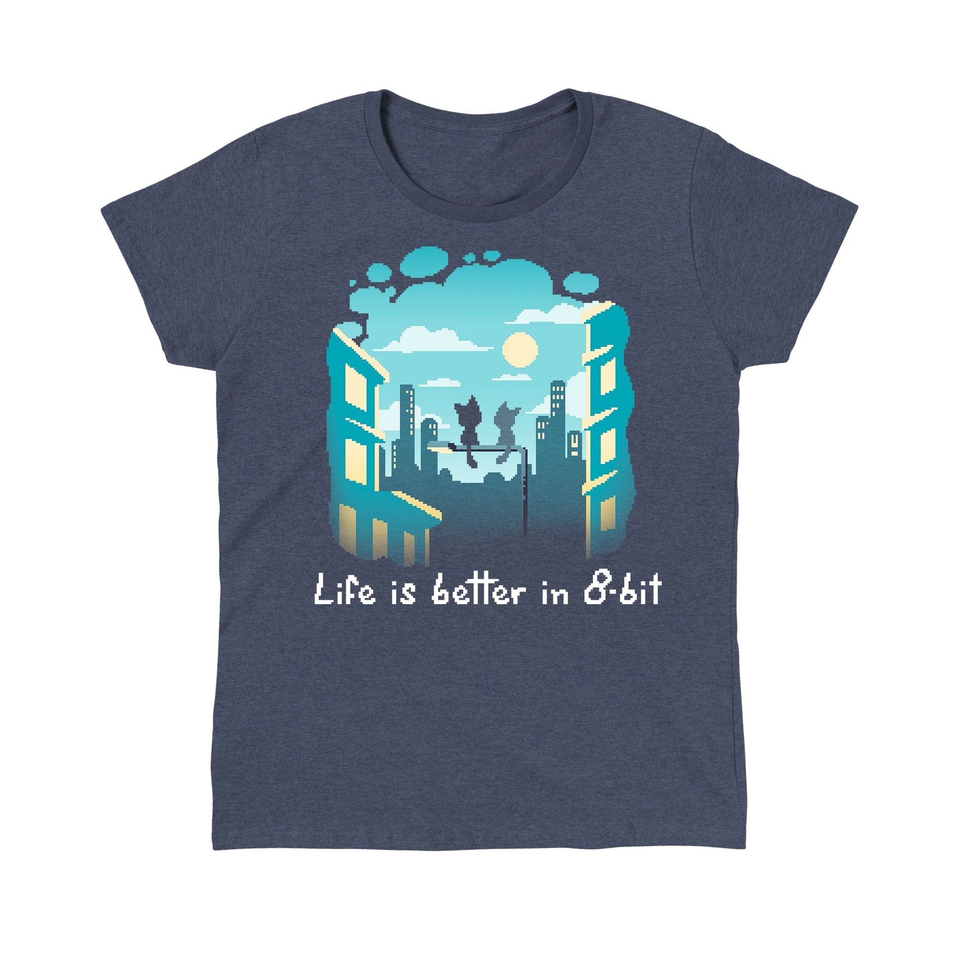 Classic Cotton T-shirt_TeeTurtle Life Is Better in 8-bit heather navy t-shirt featuring pixel art cityscape with two cats sitting on top of a lamppost under a partly cloudy sky. Text at the bottom reads "Life Is Better in 8-Bit." 