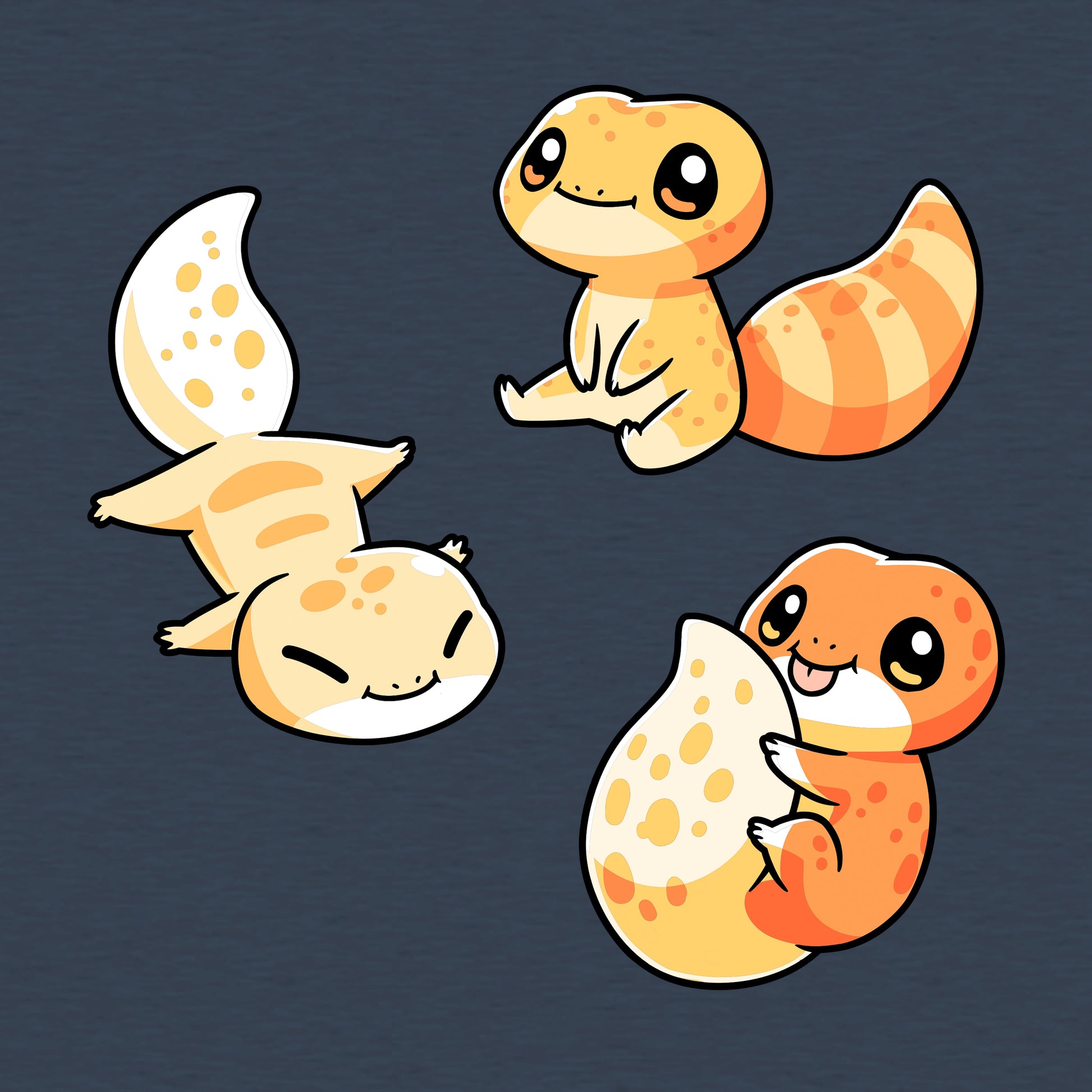 Classic Cotton T-shirt_TeeTurtle Lil Geckos heather navy blue t-shirt featuring three Lil' Geckos with varying yellow and orange patterns, sitting.