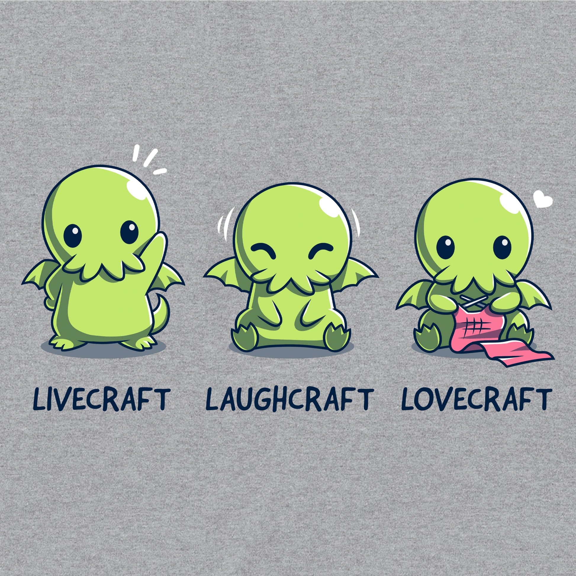 Long Sleeve T-shirt_TeeTurtle sport gray Livecraft, Laughcraft, Lovecraft. Featuring a chibi Cthulhu waving, laughing, and crafting.