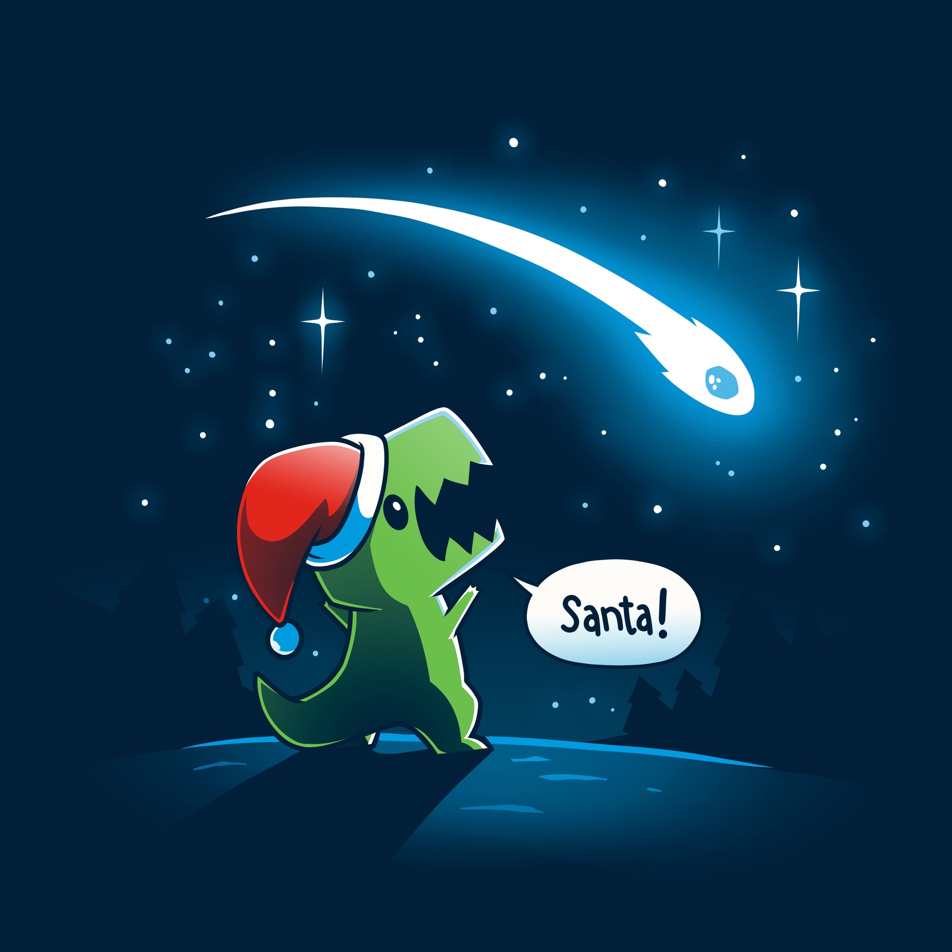 Classic Cotton T-shirt_TeeTurtle Look, Santa! navy blue t-shirt featuring a dinosaur with a Christmas santa hat on looking at a meteor, shouting “Santa!”