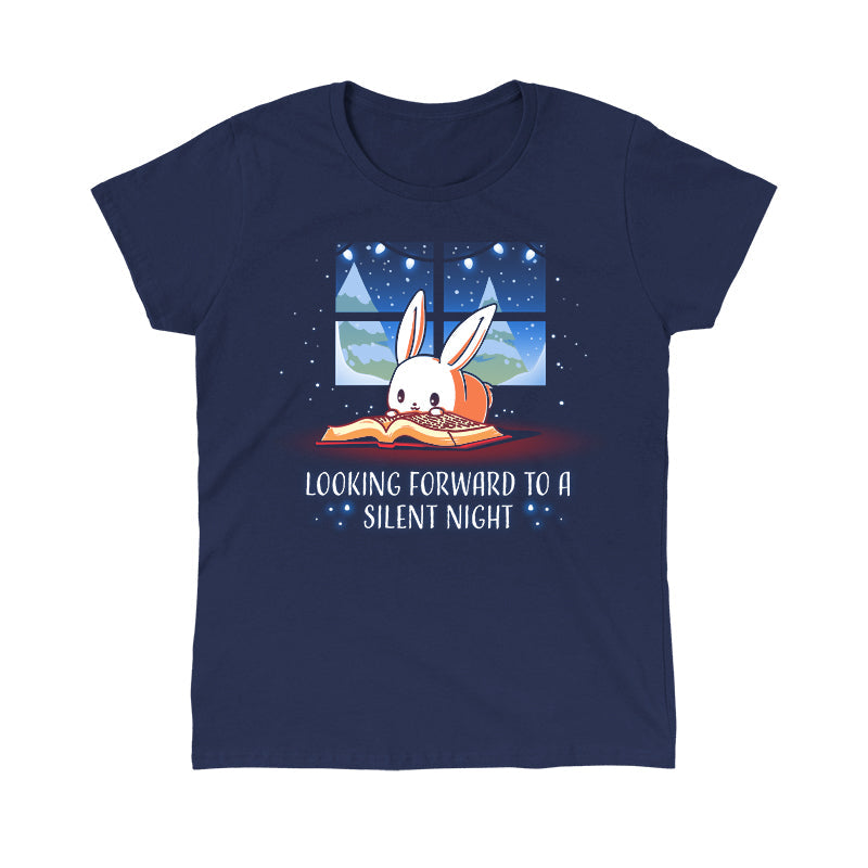 Classic Cotton T-shirt_TeeTurtle navy blue Looking Forward to a Silent Night. Featuring a reading bunny with a snowy forest outside.