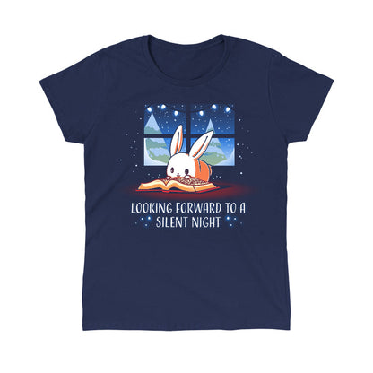 Classic Cotton T-shirt_TeeTurtle navy blue Looking Forward to a Silent Night. Featuring a reading bunny with a snowy forest outside.