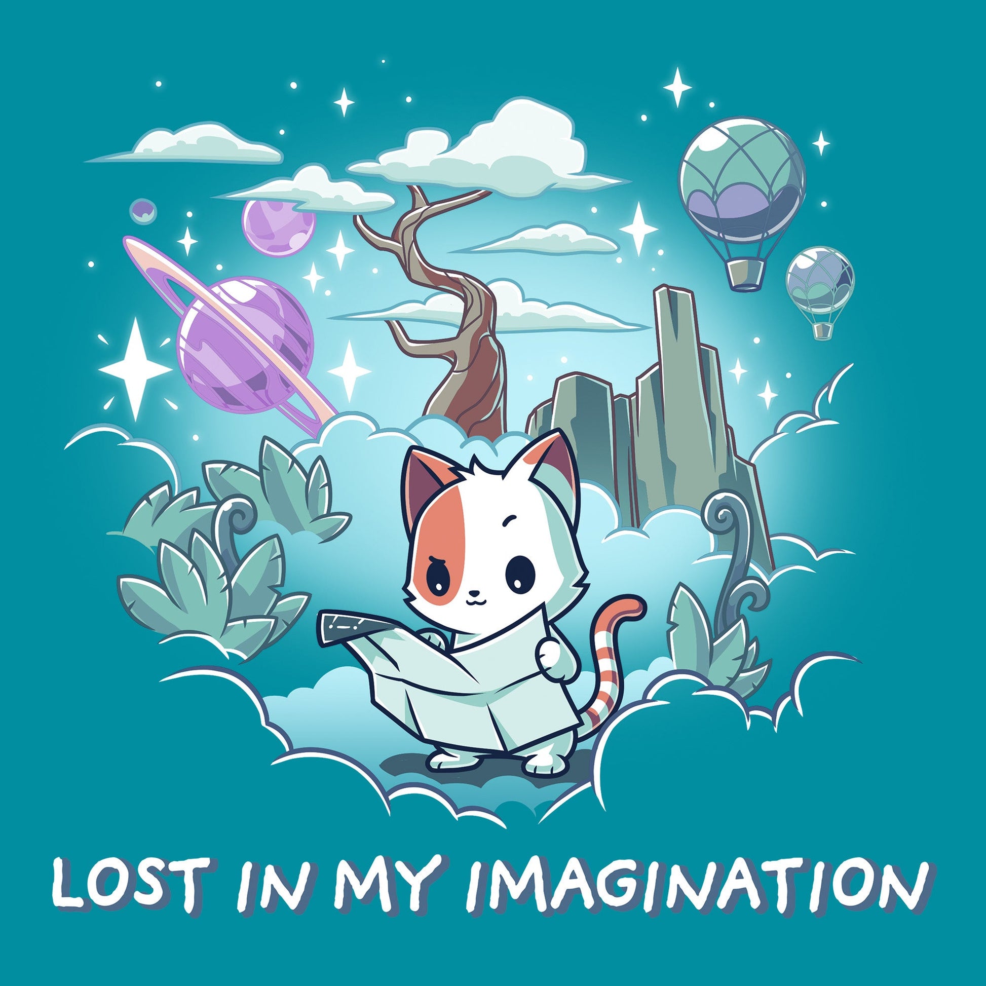 Classic Cotton T-shirt_TeeTurtle Lost in My Imagination tropical blue t-shirt featuring a cat holding a map, surrounded by clouds, plants, and floating elements such as planets and hot air balloons. Text below reads "LOST IN MY IMAGINATION."