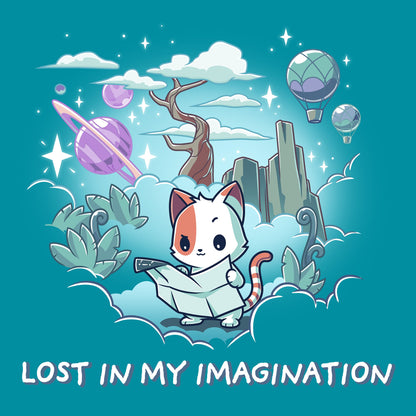 Classic Cotton T-shirt_TeeTurtle Lost in My Imagination tropical blue t-shirt featuring a cat holding a map, surrounded by clouds, plants, and floating elements such as planets and hot air balloons. Text below reads "LOST IN MY IMAGINATION."