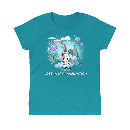 Classic Cotton T-shirt_TeeTurtle Lost in My Imagination tropical blue t-shirt featuring a cat holding a map, surrounded by clouds, plants, and floating elements such as planets and hot air balloons. Text below reads "LOST IN MY IMAGINATION."