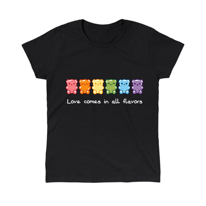 Classic Cotton T-shirt_Image of seven gummy bears in various colors (red, orange, yellow, green, blue, purple) with the caption "Love comes in all flavors." Perfect for pairing with our super soft ringspun cotton Love Comes In All Flavors apparel by monsterdigital.