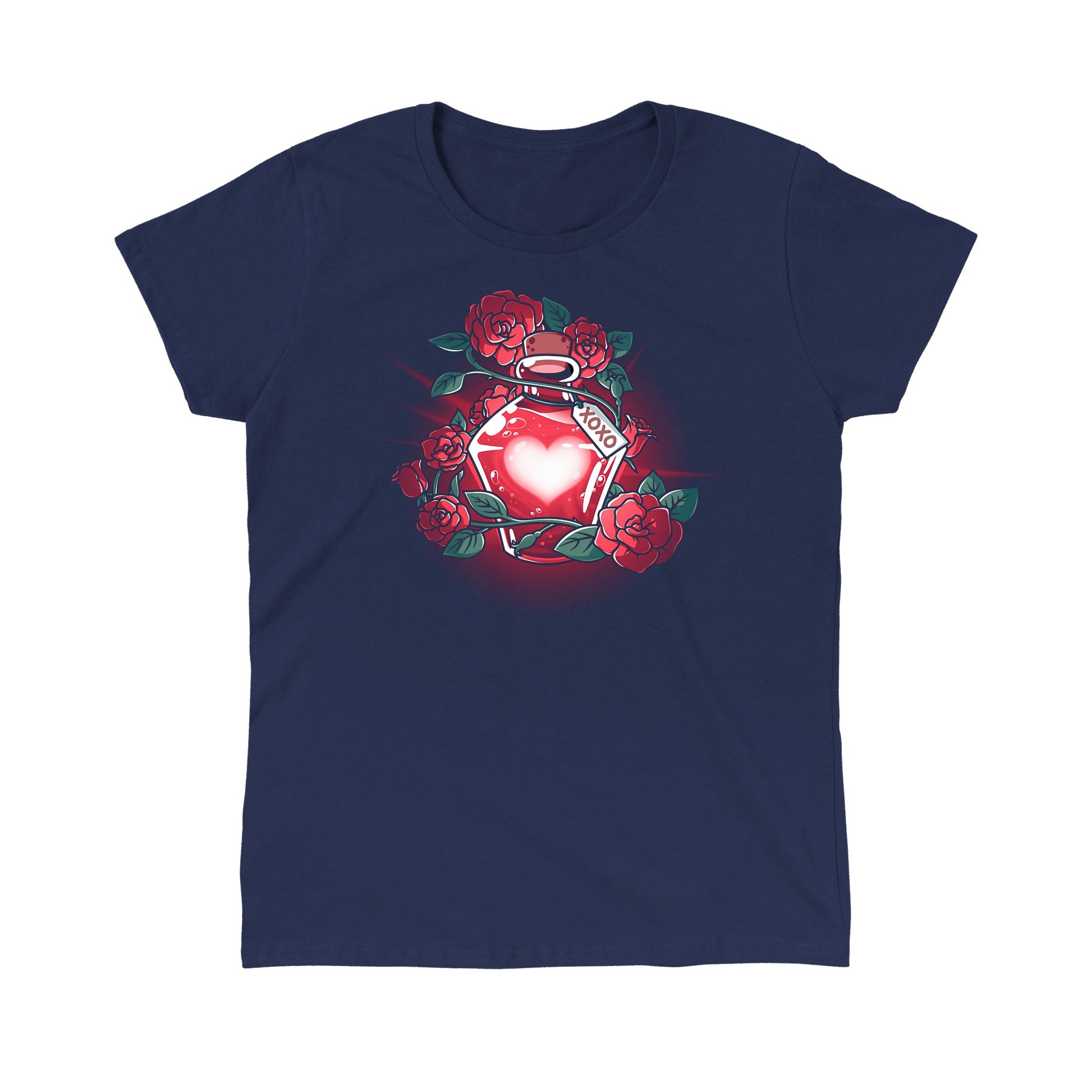 Classic Cotton T-shirt_TeeTurtle Love Potion navy blue t-shirt featuring a glowing red heart-shaped potion bottle surrounded by roses and vines. A tag with "XOXO" hangs from the bottle.