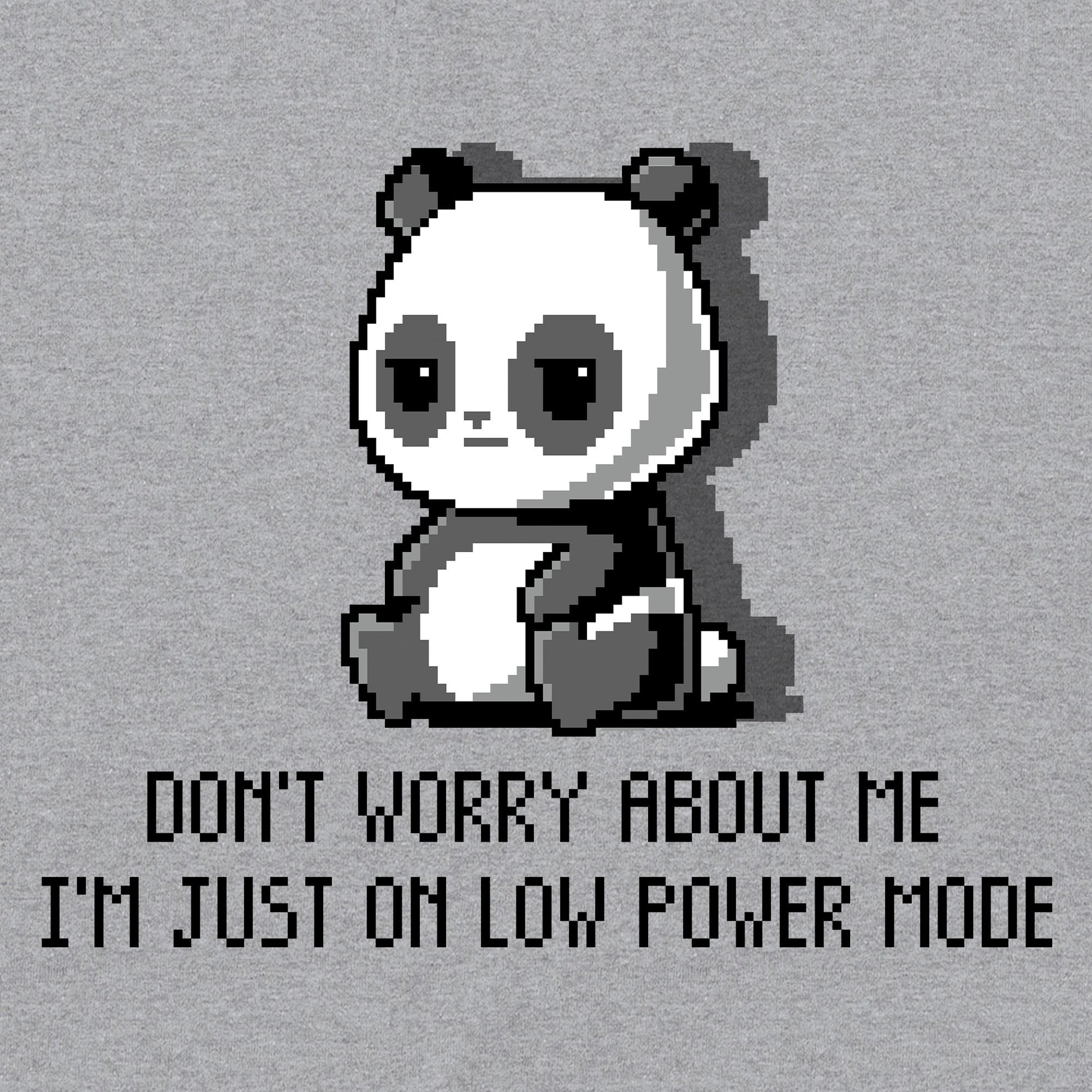 Classic Cotton T-shirt_TeeTurtle Low Power Mode heather gray t-shirt featuring pixel art of a panda sitting with the text "Don't worry about me, I'm just on low power mode" in a playful, retro style.