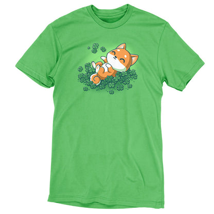 Premium Cotton T-shirt_TeeTurtle Lucky Shiba apple t-shirt featuring a happy shiba inu dog rolling around in four leaf clovers.