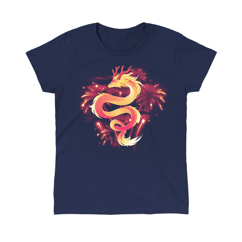 Classic Cotton T-shirt_TeeTurtle lunar new year dragon navy blue t-shirt featuring a gradon amidst fireworks.