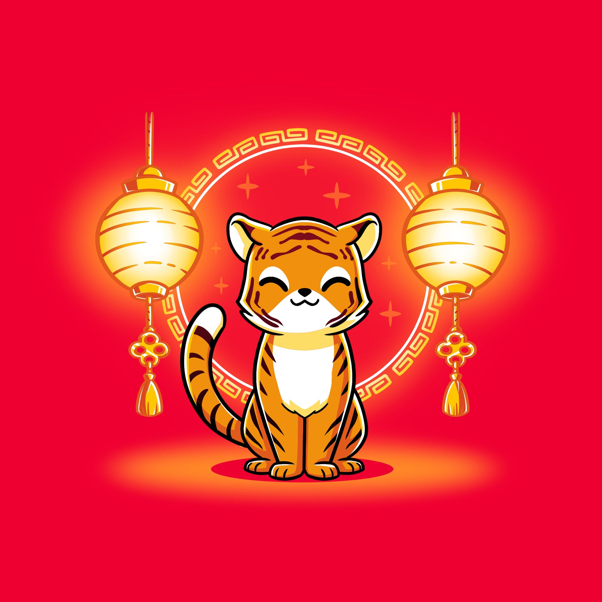 Classic Cotton T-shirt_Teeturtle Lunar New Year Tiger red t-shirt featuring a cute cartoon tiger sitting between a pair of Chinese New Year's paper lanterns.