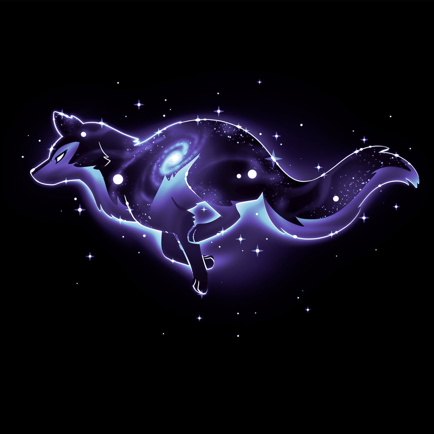 Classic Cotton T-shirt_TeeTurtle Lupine Constellation black t-shirt featuring an outline of a wolf that has a constellation inside of it. The wolf is in space surrounded by stars. 