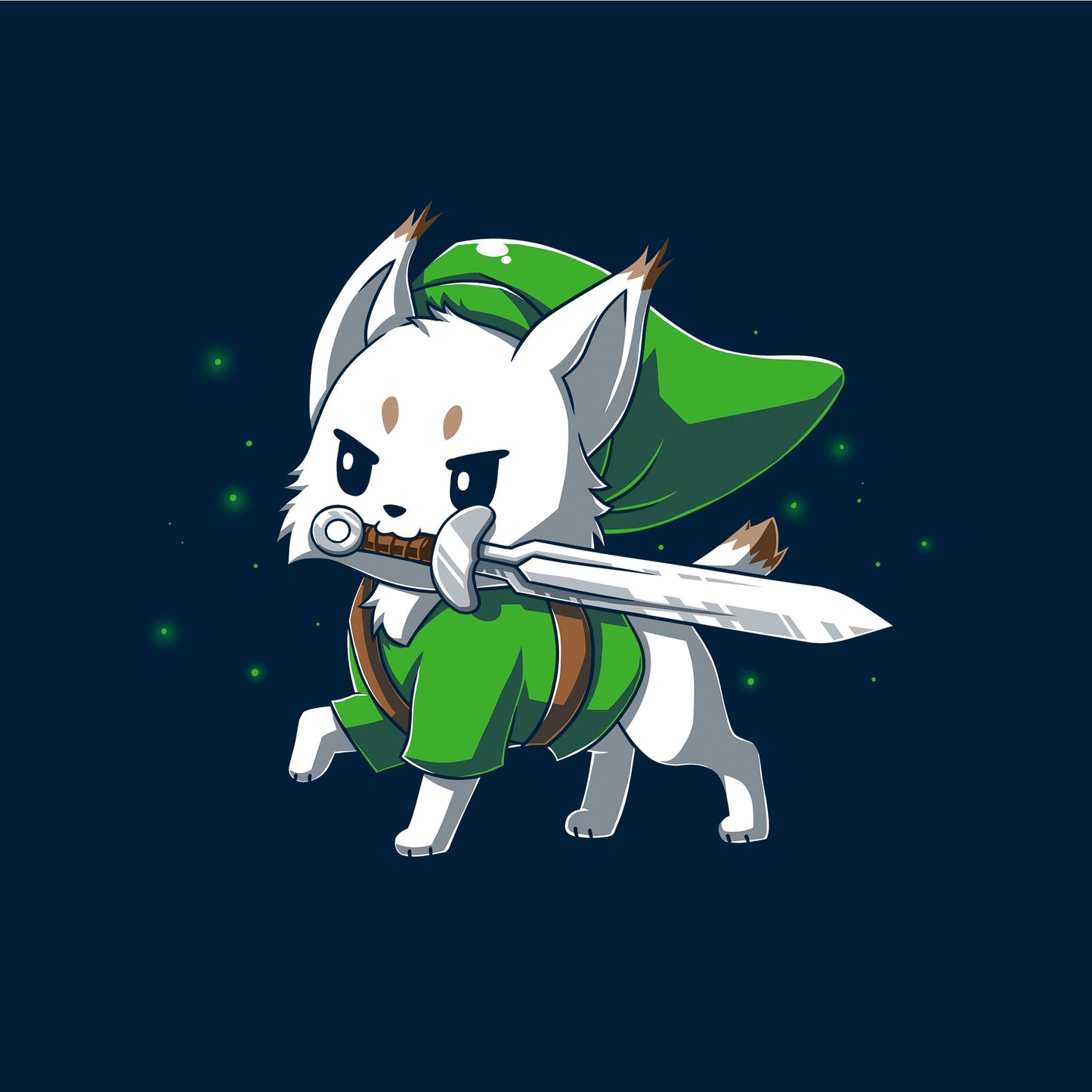  Classic Cotton T-shirt_TeeTurtle Lynx navy blue t-shirt featuring a determined white Lynx with a sword in its mouth dressed in a long green hat and matching green tunic in this fantasy video game design. 