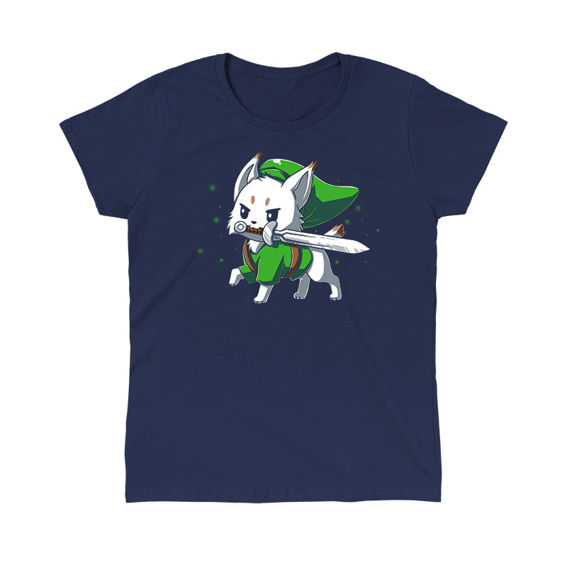  Classic Cotton T-shirt_TeeTurtle Lynx navy blue t-shirt featuring a determined white Lynx with a sword in its mouth dressed in a long green hat and matching green tunic in this fantasy video game design. 