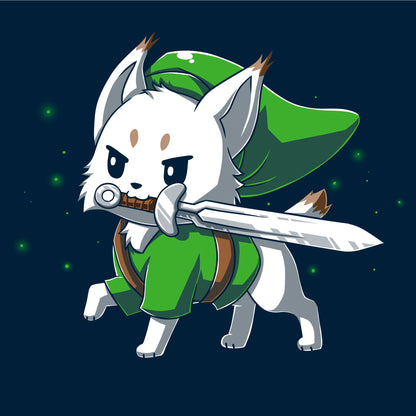  Pullover Hoodie_TeeTurtle Lynx navy blue design featuring a determined white Lynx with a sword in its mouth dressed in a long green hat and matching green tunic in this fantasy video game design. 