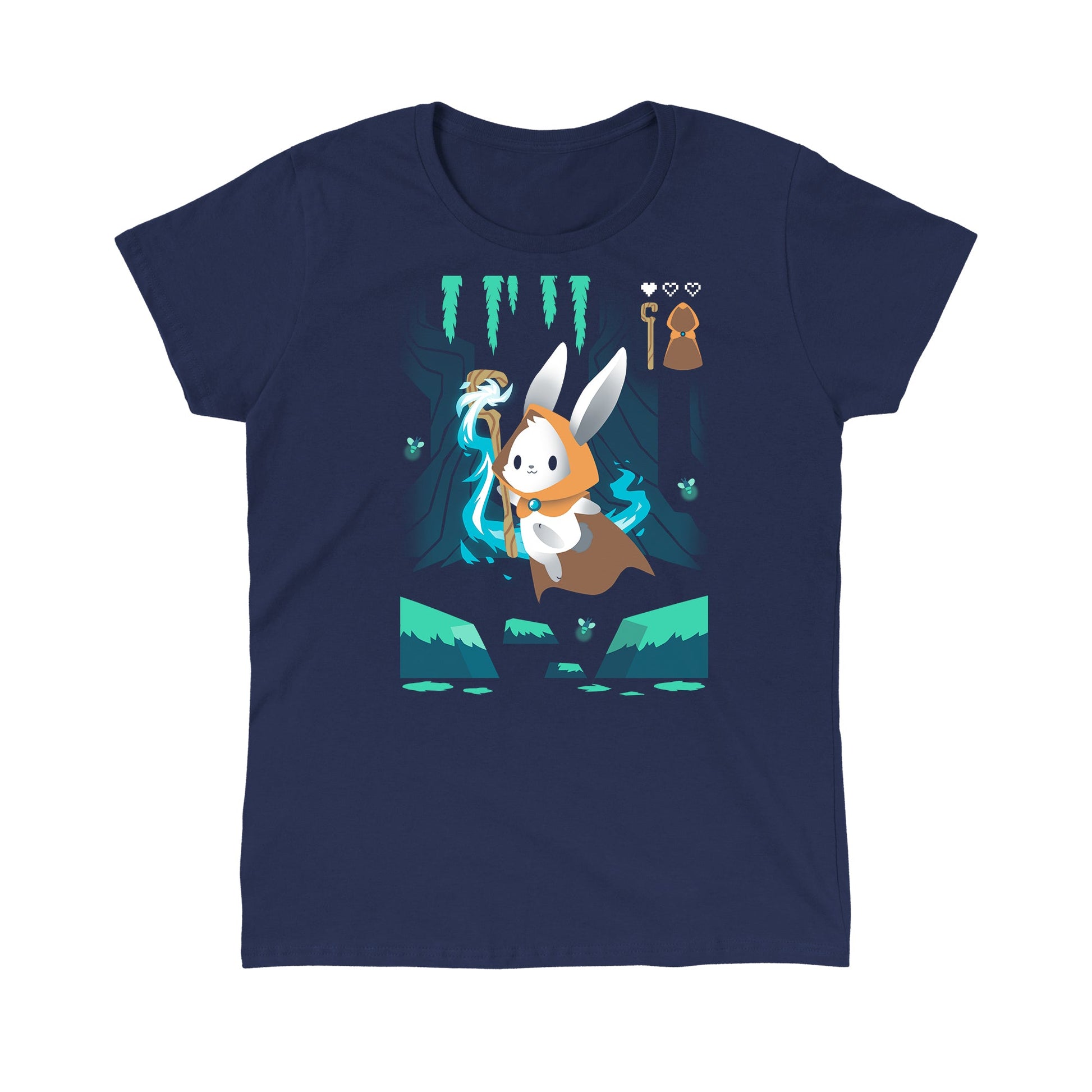 Classic Cotton T-shirt_TeeTurtle Mage Class navy blue t-shirt featuring an adventurous magical bunny holding a staff and skipping across a river and surrounded by fireflies. 