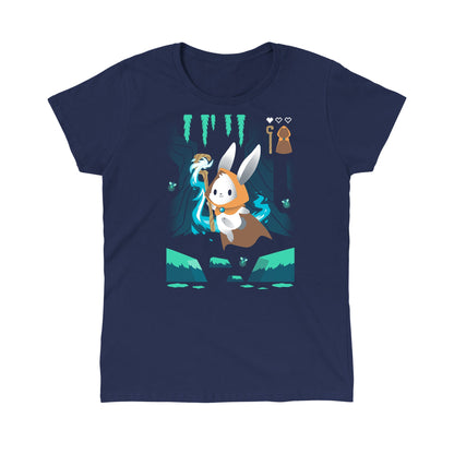 Classic Cotton T-shirt_TeeTurtle Mage Class navy blue t-shirt featuring an adventurous magical bunny holding a staff and skipping across a river and surrounded by fireflies. 