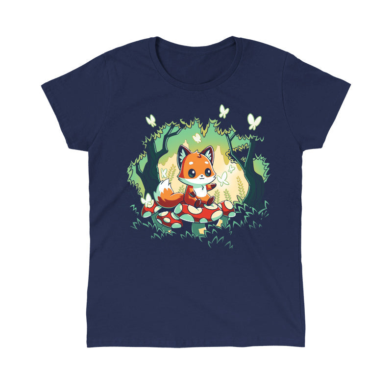 Classic Cotton T-shirt_TeeTurtle navy blue Magical Forest. Featuring a fox sitting on a toadstool in a forest with butterflies.