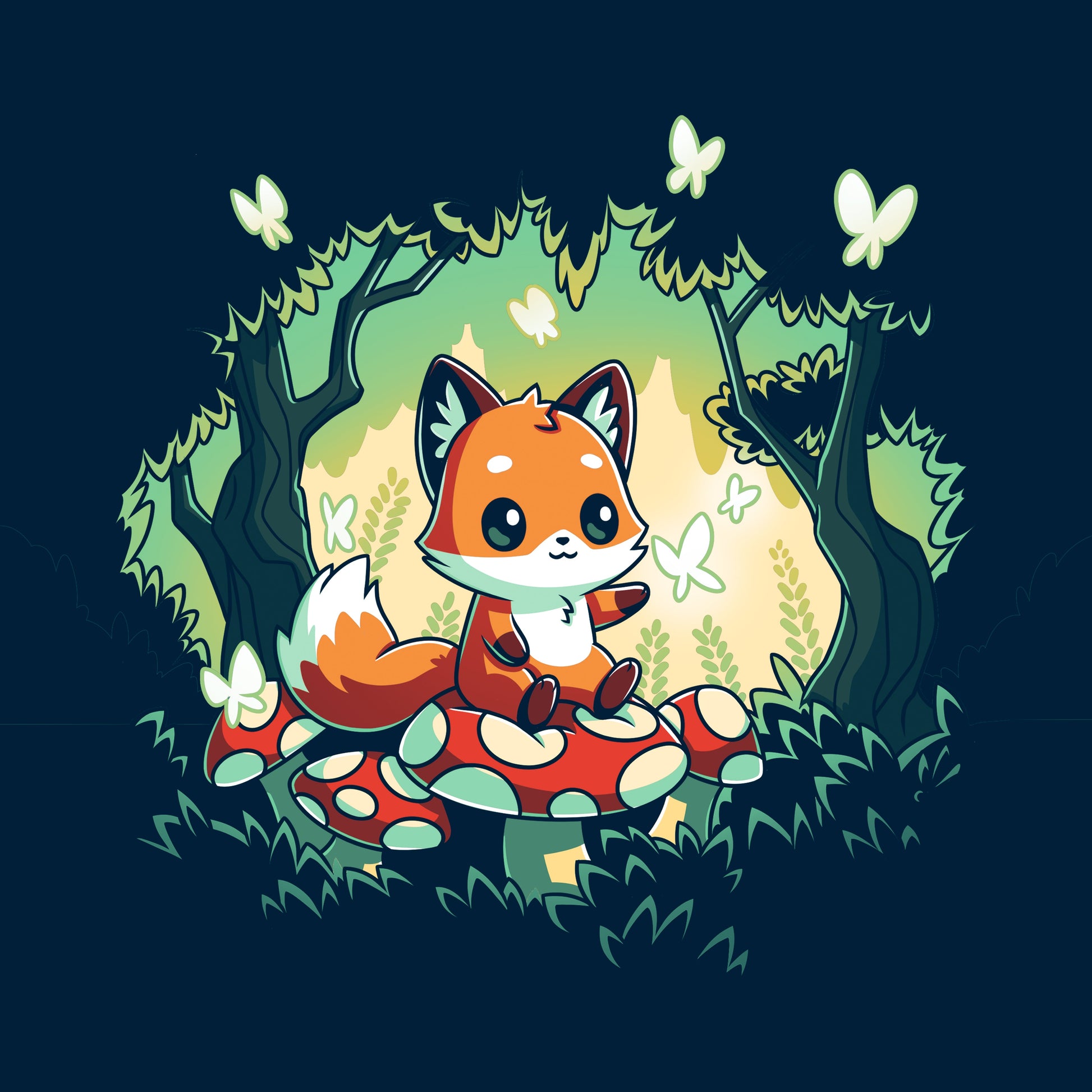 Classic Cotton T-shirt_TeeTurtle navy blue Magical Forest. Featuring a fox sitting on a toadstool in a forest with butterflies.