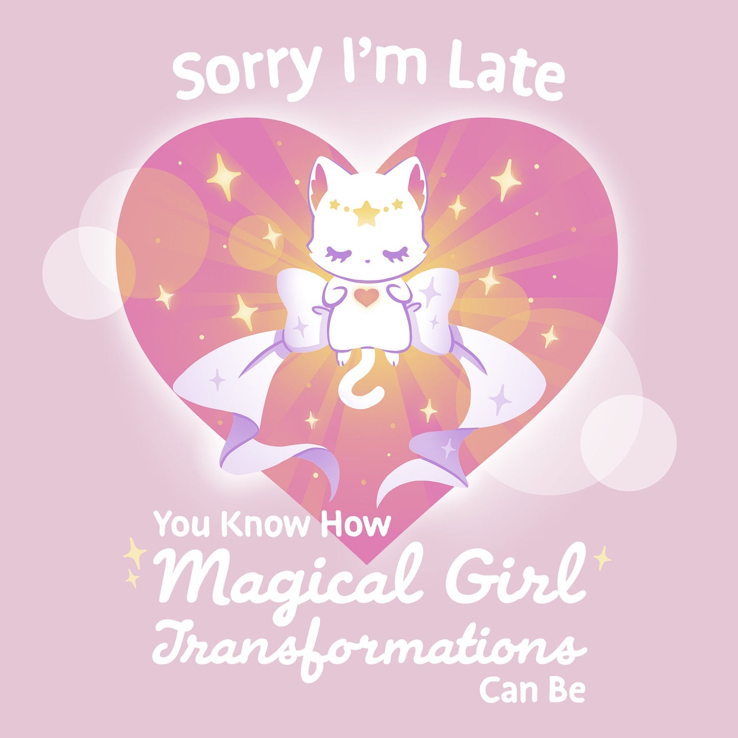 Classic Cotton T-shirt_TeeTurtle light pink Magical Girl Transformations t-shirt featuring a cat transforming into a magical cat like a classic anime magical girl.