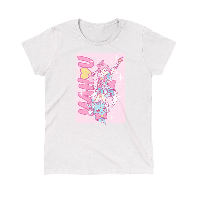 Classic Cotton T-shirt_TeeTurtle Mahou Shoujo and Cat white t-shirt featuring an anime girl with long, pink hair and a pink bow wearing a blue dress and holding a magical staff. A smiling blue cat wearing a pink bow by her feet. "MAHU" is written on the side going upwards, and the illustration is surrounded by stars. 