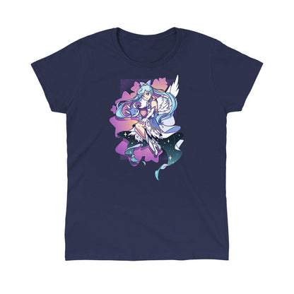 Classic Cotton T-shirt_TeeTurtle Mahou Shoujo & Fox navy blue t-shirt featuring an anime character with long, light blue hair wearing a blue dress with white angel wings while holding a blue fox surrounded by purple stars.