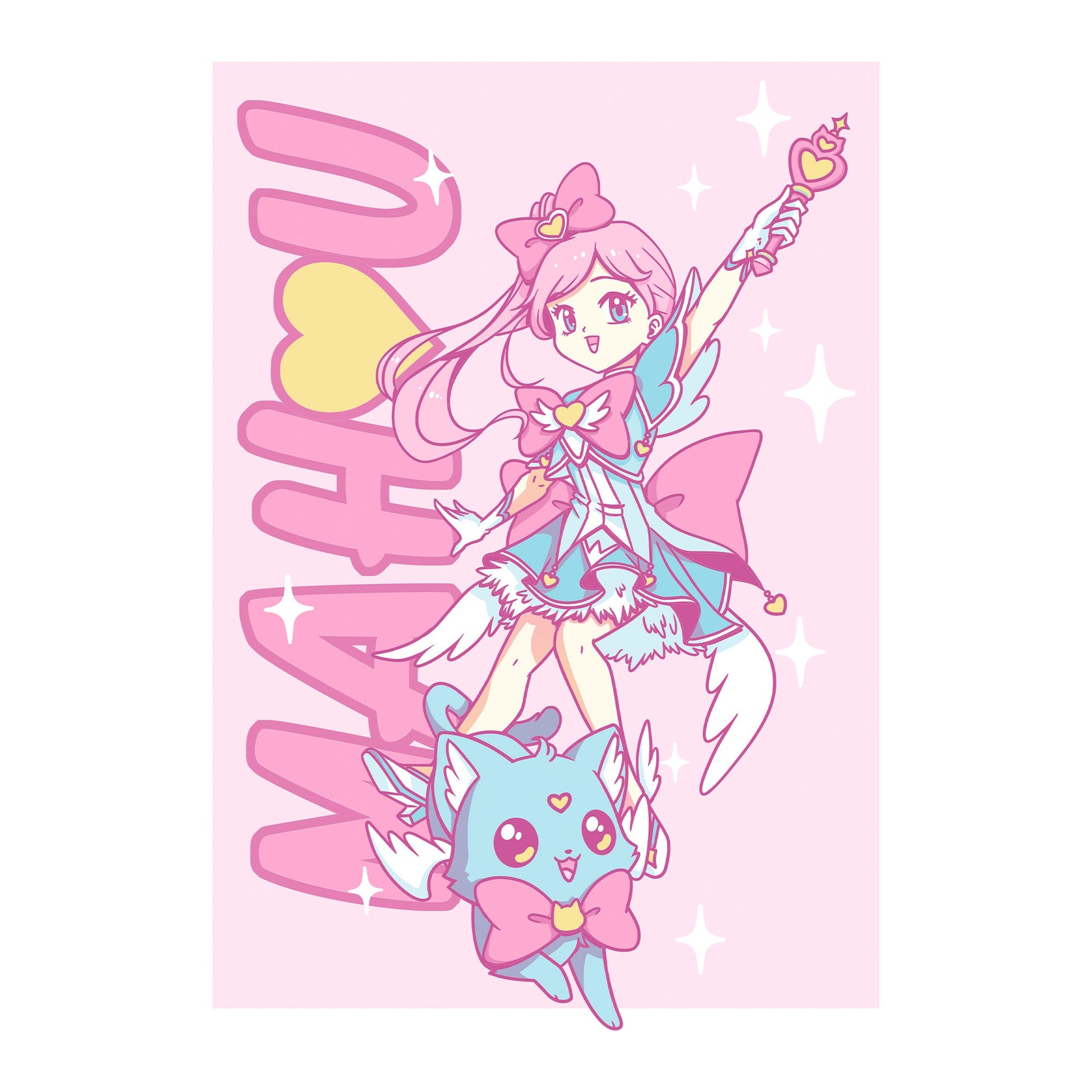 Classic Cotton T-shirt_TeeTurtle Mahou Shoujo and Cat white t-shirt featuring an anime girl with long, pink hair and a pink bow wearing a blue dress and holding a magical staff. A smiling blue cat wearing a pink bow by her feet. "MAHU" is written on the side going upwards, and the illustration is surrounded by stars. 