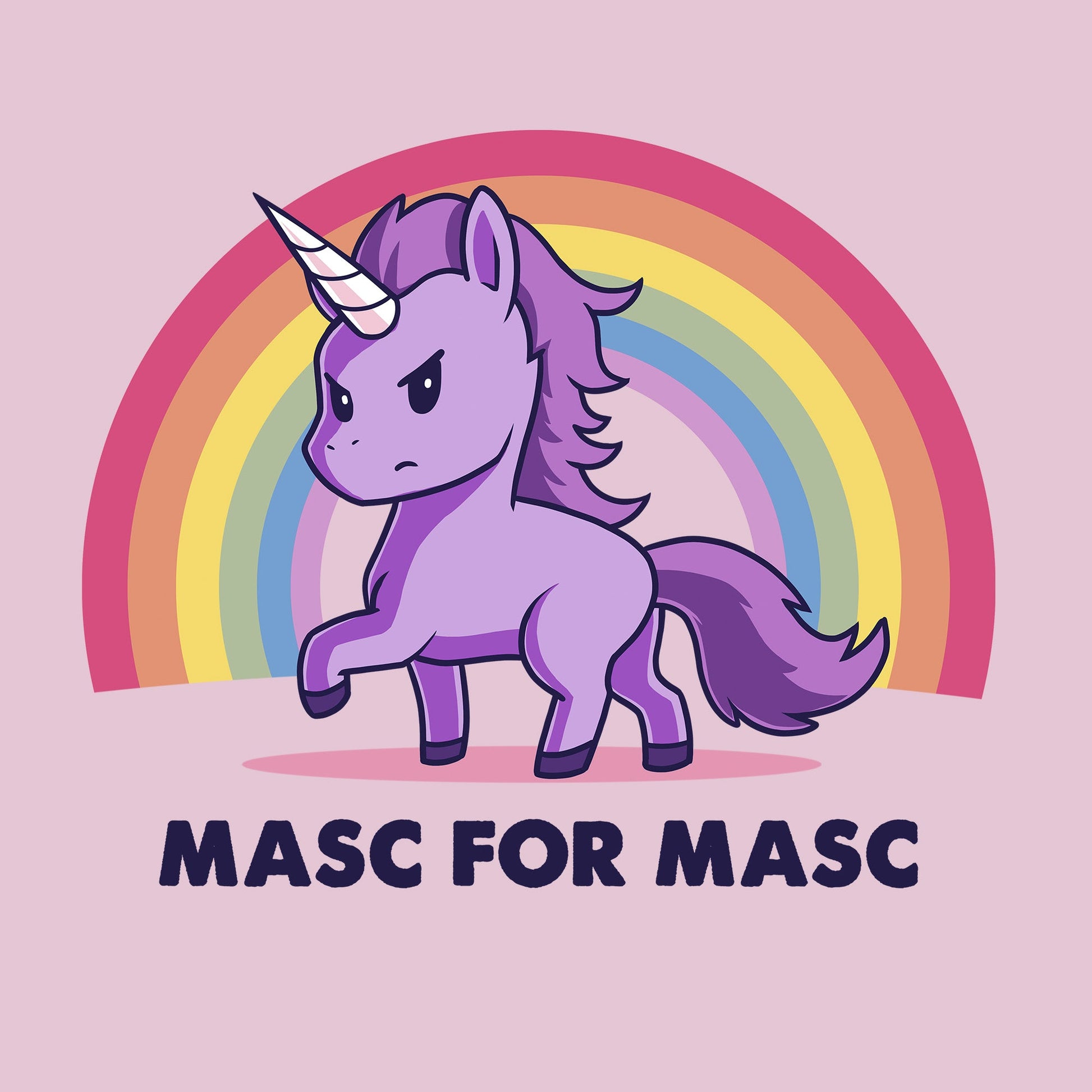 Classic Cotton T-shirt_TeeTurtle Masc for Masc light pink t-shirt featuring a unicorn with a serious expression standing in front of a rainbow.