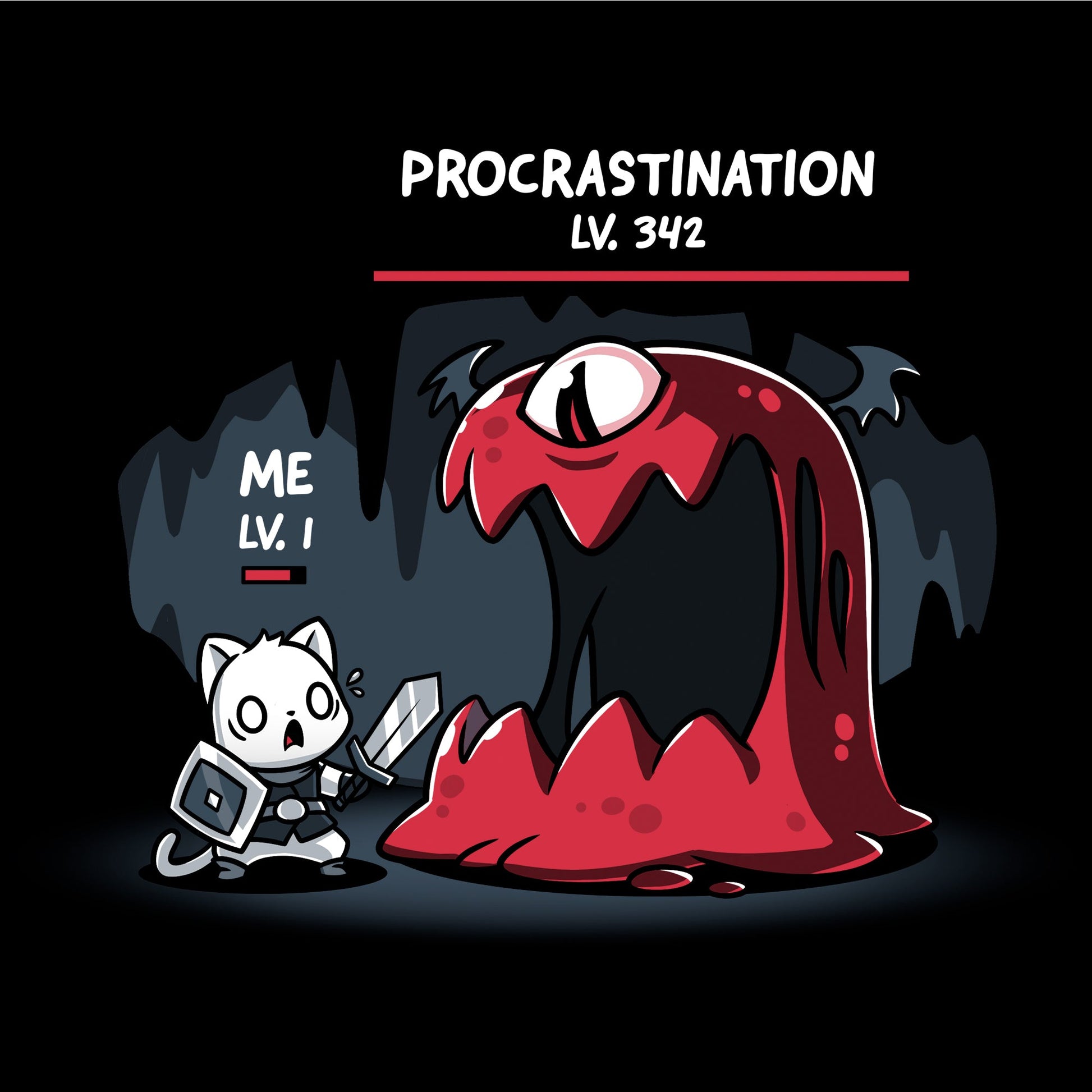 Classic Cotton T-shirt_TeeTurtle Me Vs. Procrastination black t-shirt featuring a cat knight labeled "ME LV. 1" standing nervously in front of a giant red monster labeled "PROCRASTINATION LV. 342" in a dark, cavernous setting.