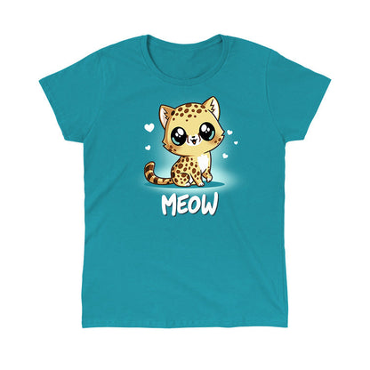 Classic Cotton T-shirt_TeeTurtle Meow tropical blue t-shirt featuring a cute, big-eyed spotted cheetah with a striped tail sitting and smiling. Hearts surround the cat's head, and the word "MEOW" is written below.