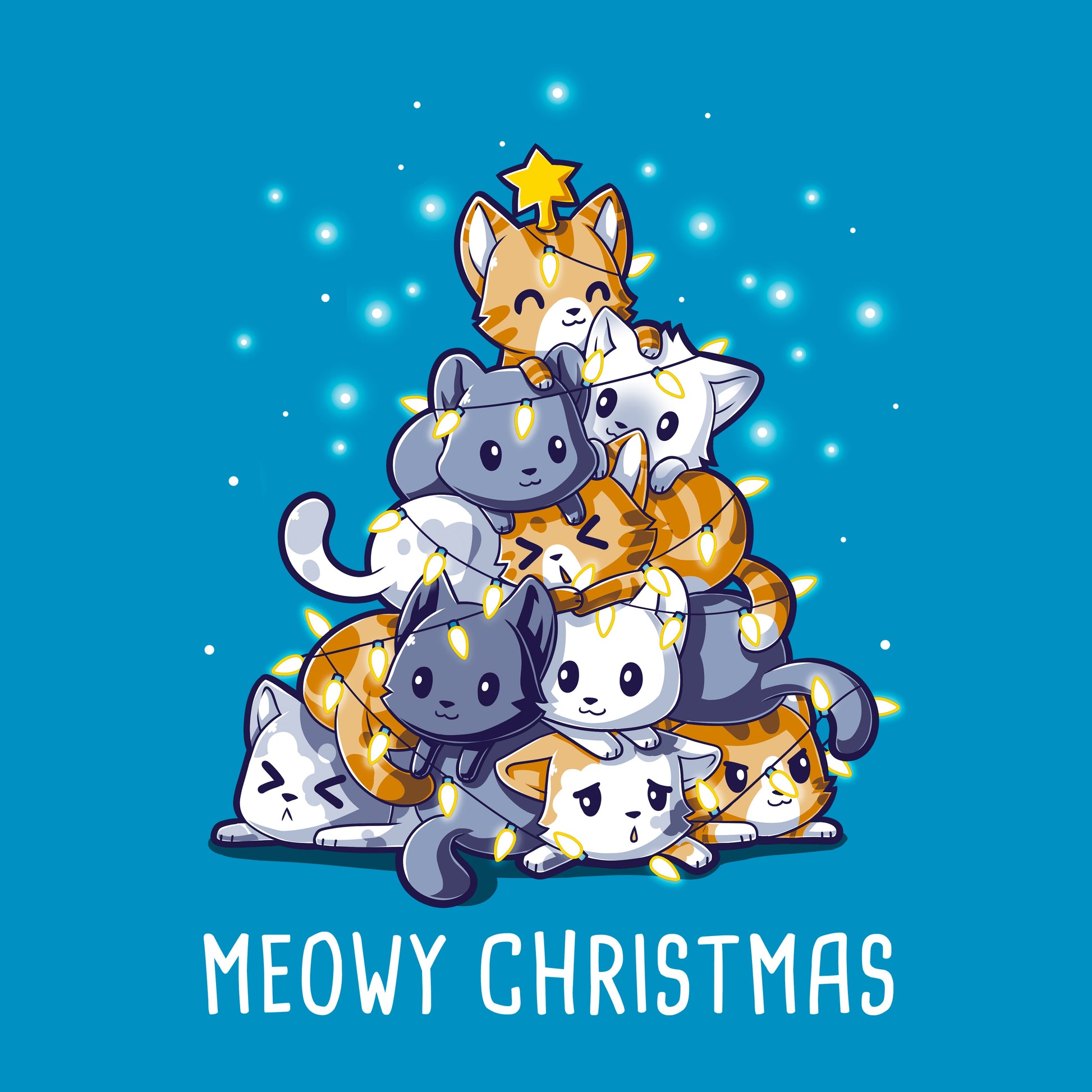 Classic Cotton T-shirt_TeeTurtle Meowy Christmas sapphire blue t-shirt featuring multiple cats stacked in the shape of a Christmas tree with a star on top, surrounded by glowing lights.