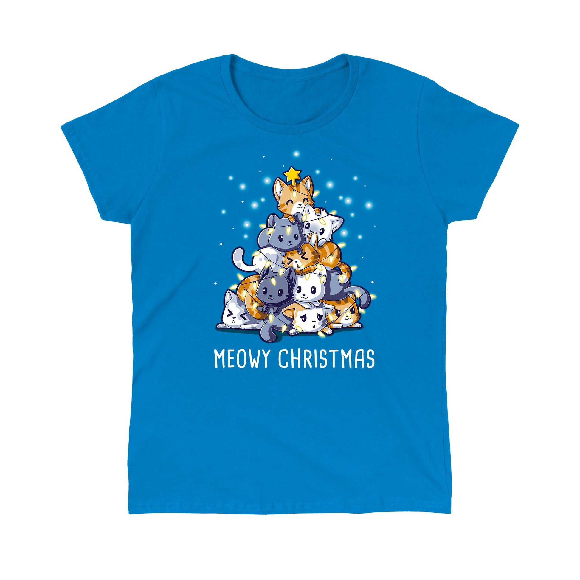 Classic Cotton T-shirt_TeeTurtle Meowy Christmas sapphire blue t-shirt featuring multiple cats stacked in the shape of a Christmas tree with a star on top, surrounded by glowing lights.