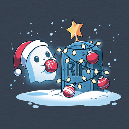 Classic Cotton T-shirt_TeeTurtle heather navy Merry Cryptmas t-shirt featuring a ghost putting holiday decor on a tombstone.